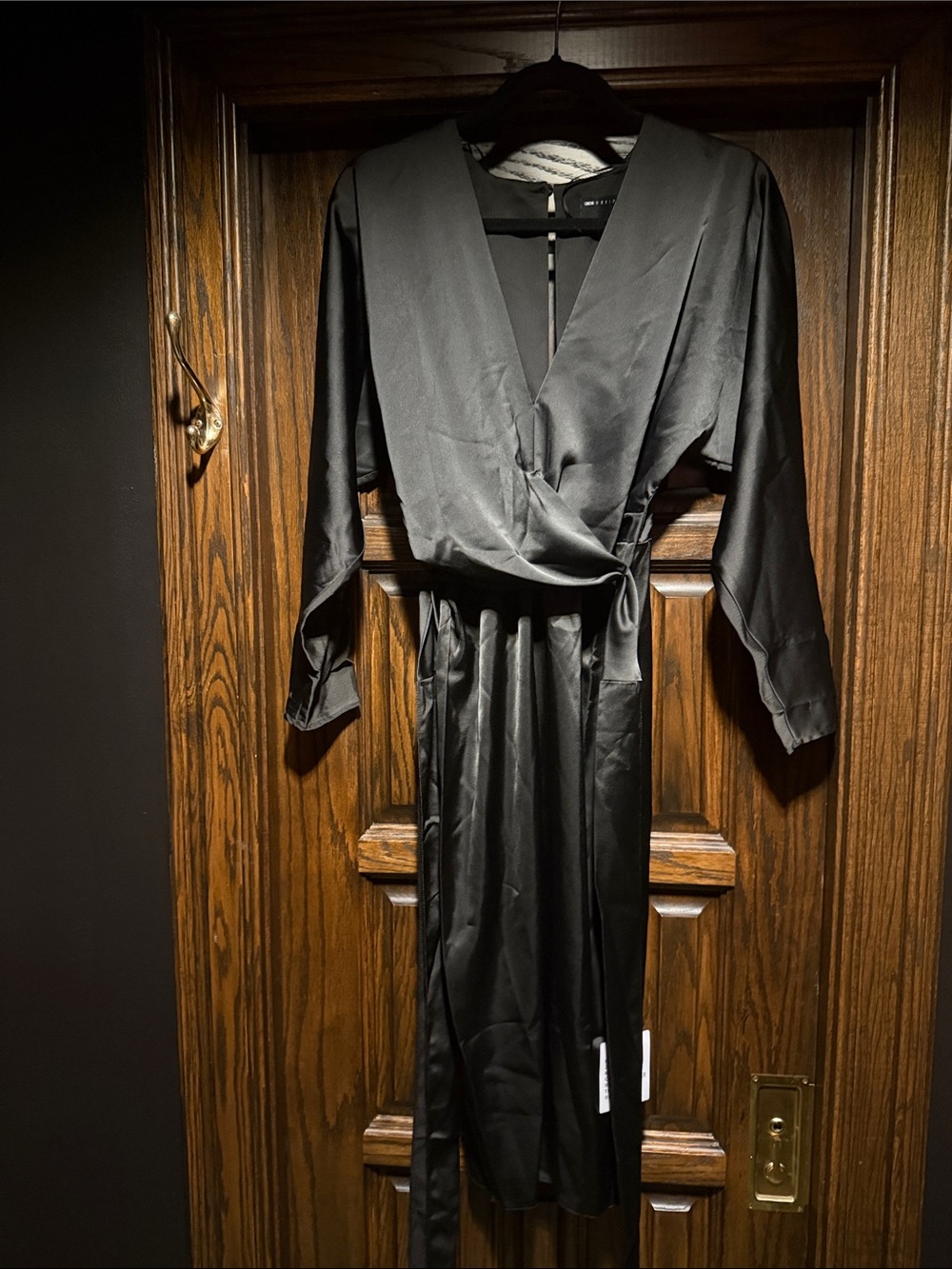 ASOS Black Satin Wrap Midi Dress Size 4 NWT